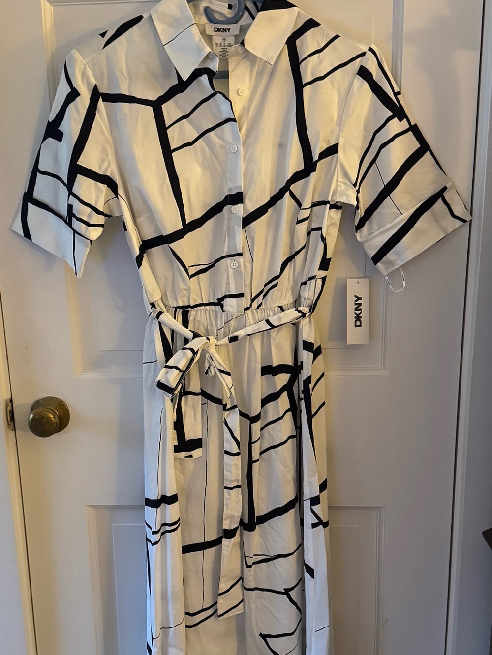 DKNY White and Black Abstract Grid Midi Shirt Dress